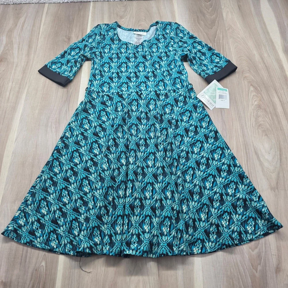 Bonnie Jean‎ Girls Dress Teal Black Geometric  Fit Flare 3/4 Sleeve Size 16 NWT